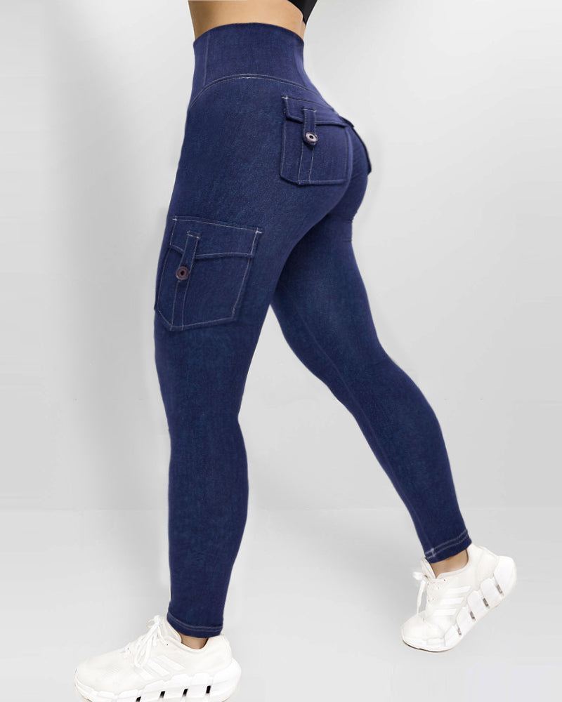 High Waist Butt Lifting Denim Yoga Leggings with Tummy Control