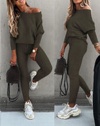 Skew Neck Pullover with High-Waist Drawstring Pants Set