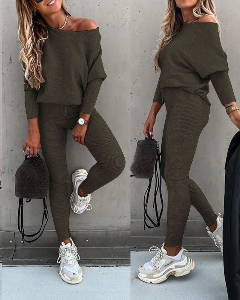 Skew Neck Pullover with High-Waist Drawstring Pants Set