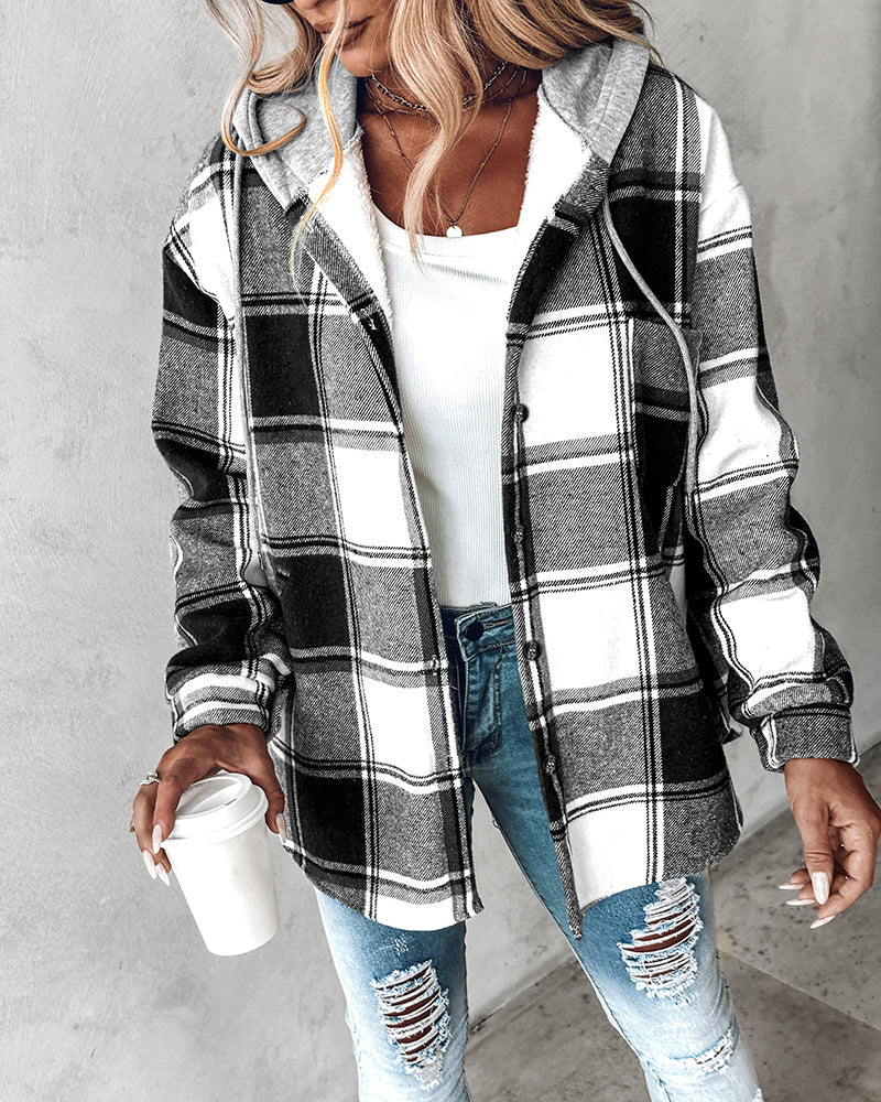 Hooded Plaid Shacket with Long Sleeves and Fleece Lining