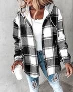 Hooded Plaid Shacket with Long Sleeves and Fleece Lining