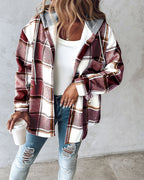 Hooded Plaid Shacket with Long Sleeves and Fleece Lining