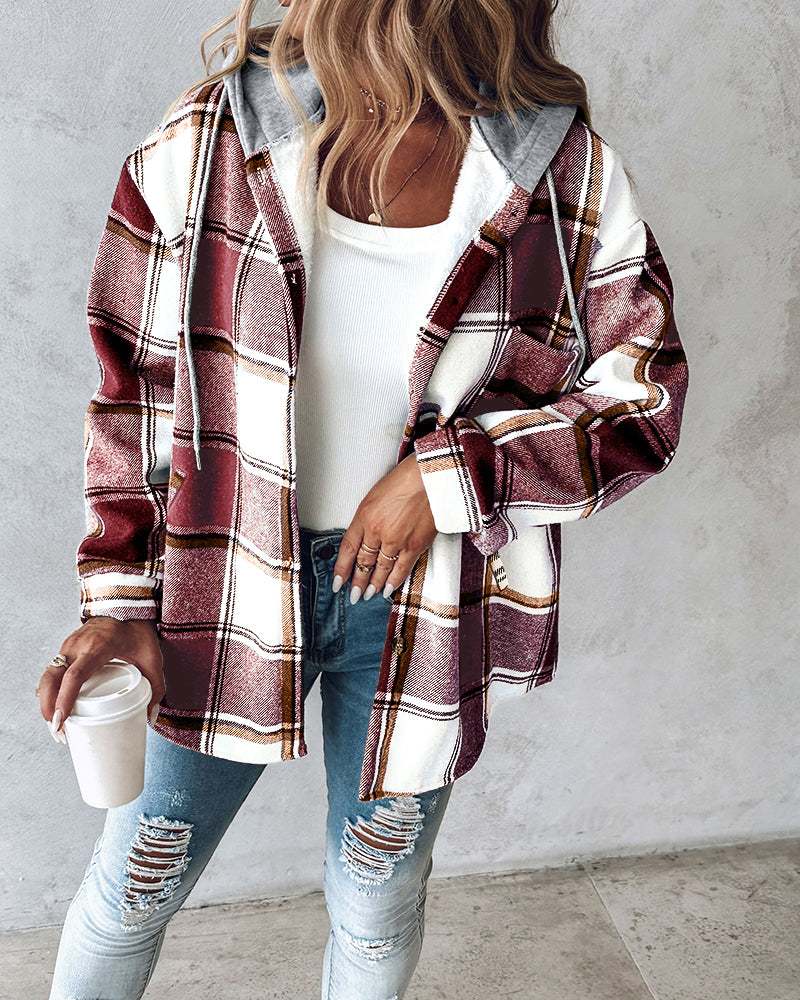 Hooded Plaid Shacket with Long Sleeves and Fleece Lining