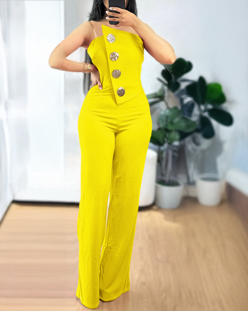 Asymmetrical Strapless Overalls with Metal Button Accents