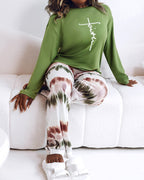 "2-Piece Ombre Pants and Letter Print Top Casual Ensemble"