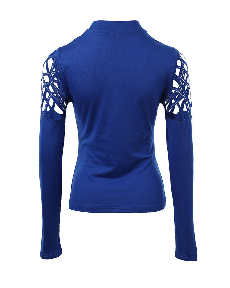 Hollow Rhinestone Cold Shoulder Long-Sleeve Casual T-Shirt