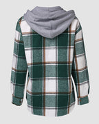 Hooded Plaid Shacket with Long Sleeves and Fleece Lining