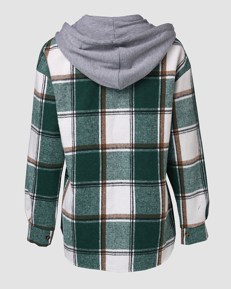 Hooded Plaid Shacket with Long Sleeves and Fleece Lining