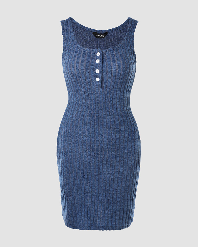 Ribbed Sleeveless Tank Dress: Button-Front, Bodycon Mini Style