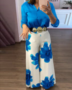 Satin Blouse and Floral Wide-Leg Pants Two-Piece Set