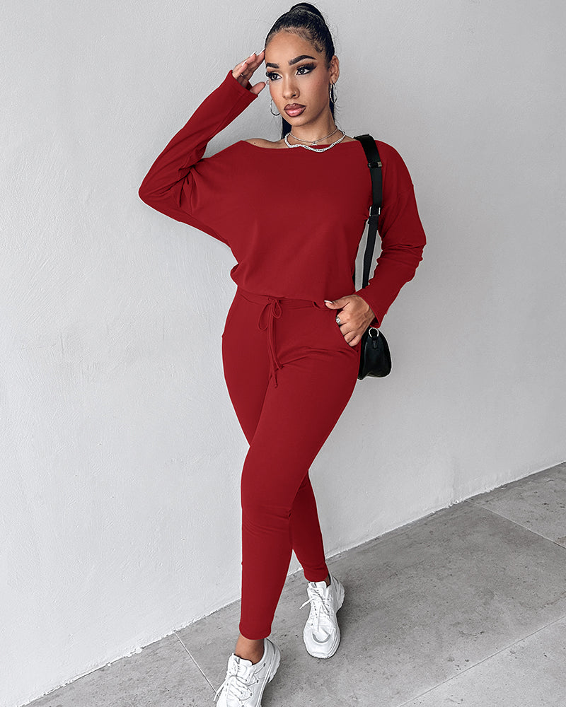 2-Piece Asymmetrical Neck Sweater and Drawstring Slim-Fit Pants Set