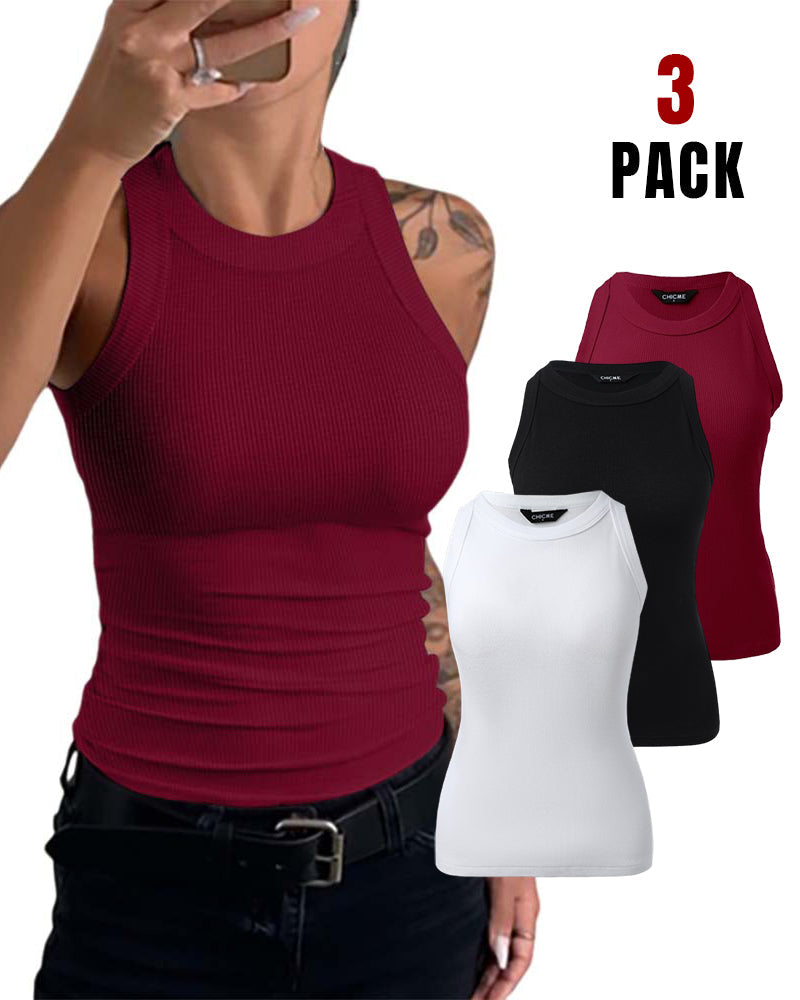 3-Pack Knit Racerback Tank Tops, Round Neck, Thick Straps