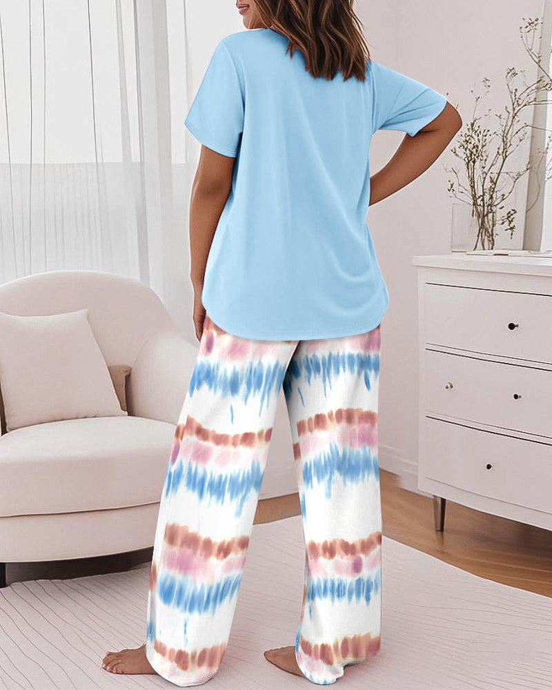 Letter Print Tee and Tie-Dye Pants Cozy Pajama Set