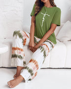 Letter Print Tee and Tie-Dye Pants Cozy Pajama Set
