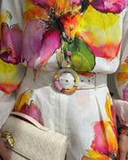 2-Piece Set with Lantern Sleeves and Floral Shorts