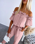 Off-Shoulder Frill Trim Textured Jumpsuit with Tie Waist
