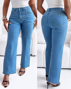 High Waist Straight Leg Seam Front Zip Casual Jeans