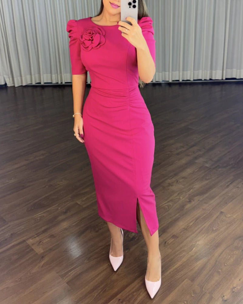 3D Floral Ruched Bodycon Dress with Puff Sleeves and Slit