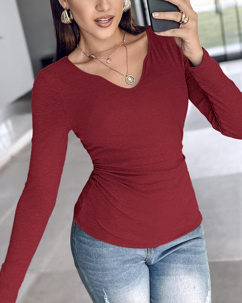 Rib Knit Notch Neck Long Sleeve Top with Built-In Bra