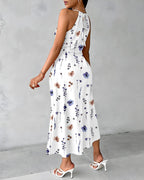 Criss Cross Spliced Ruched Front Watercolor Floral Halter Dress