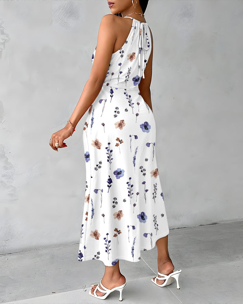 Criss Cross Spliced Ruched Front Watercolor Floral Halter Dress