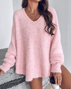 V-Neck Beaded Long Sleeve Fluffy Oversized Pullover Sweater