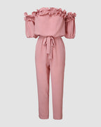 Off-Shoulder Frill Trim Textured Jumpsuit with Tie Waist