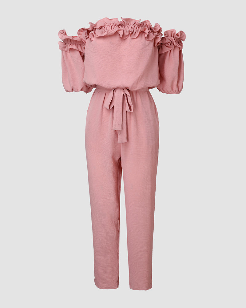 Off-Shoulder Frill Trim Textured Jumpsuit with Tie Waist
