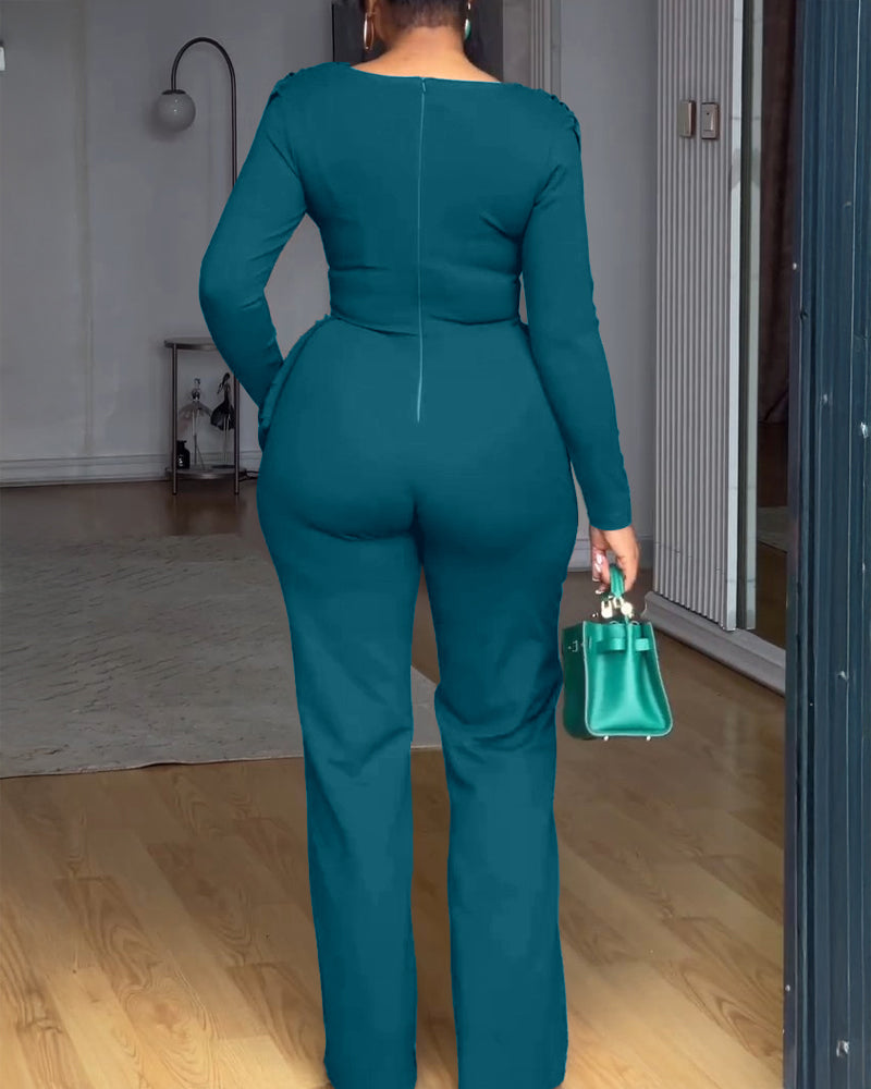 Cowl Neck Asymmetrical Cinched Waist Wide Leg Zippered Jumpsuit