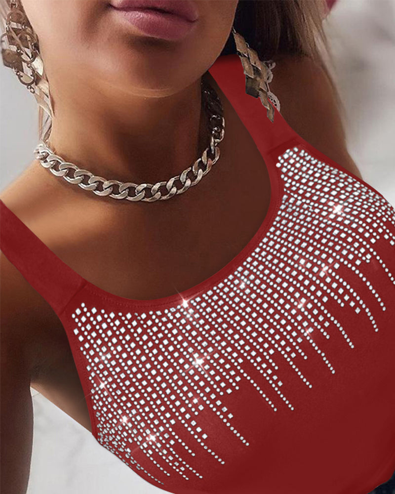 Round Neck Embellished Rhinestone Skinny Tank Top