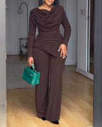 Cowl Neck Asymmetrical Cinched Waist Wide Leg Zippered Jumpsuit