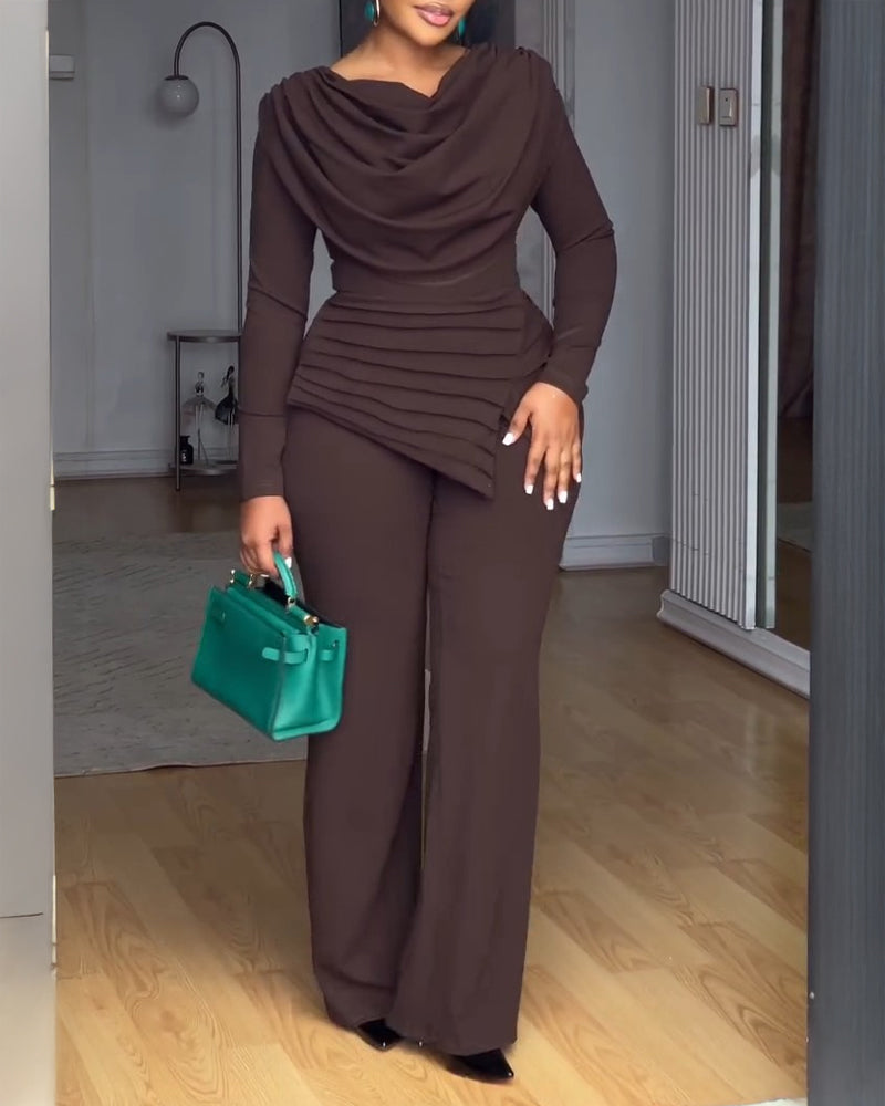 Cowl Neck Asymmetrical Cinched Waist Wide Leg Zippered Jumpsuit
