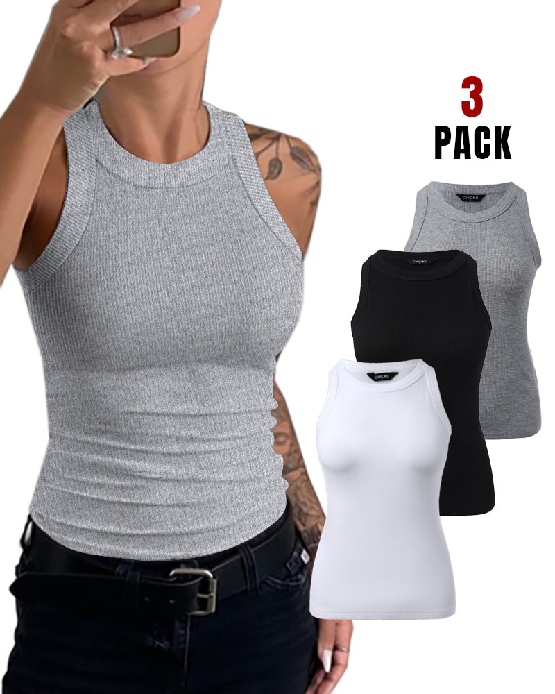 3-Pack Knit Racerback Tank Tops, Round Neck, Thick Straps