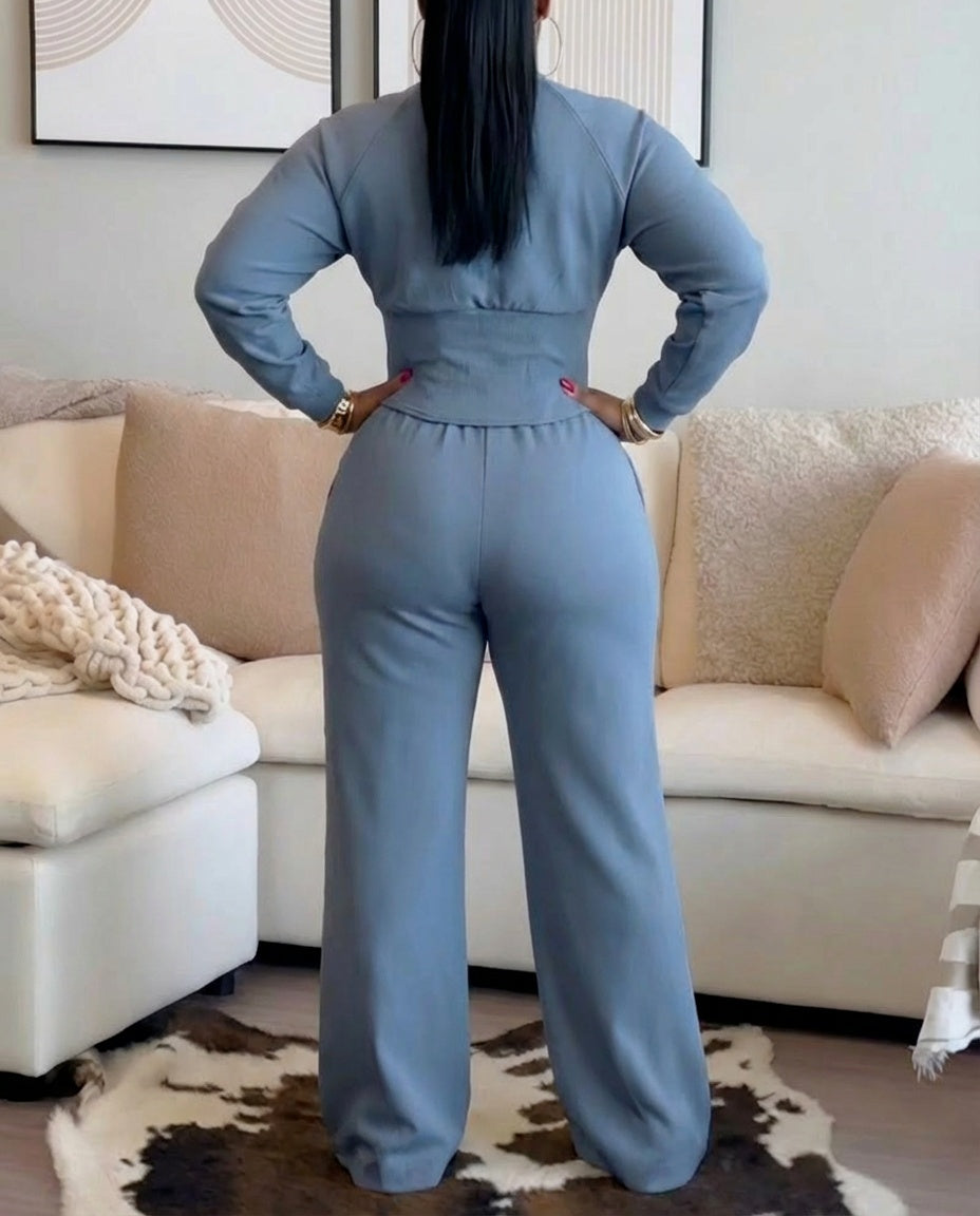 2-Piece O-Neck Sweatshirt and Wide-Leg Pants Set with Cinched Waist