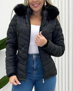 Fuzzy Trim Hooded Puffer Jacket with Shirred Zipper Pockets