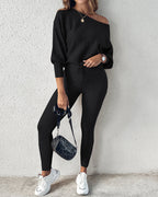 Skew Neck Pullover with High-Waist Drawstring Pants Set