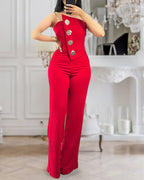 Asymmetrical Strapless Overalls with Metal Button Accents