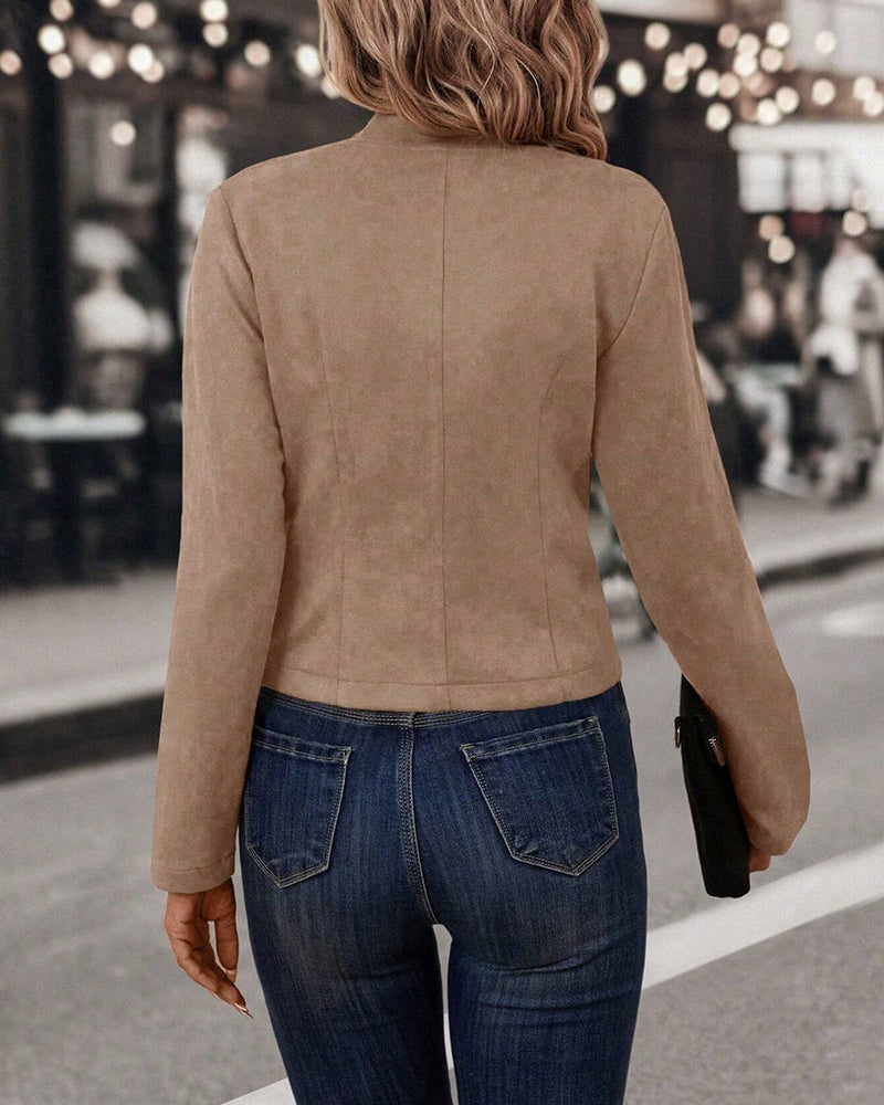 Faux Suede Jacket with Stand Collar and Button-Up Front