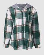 Hooded Plaid Shacket with Long Sleeves and Fleece Lining