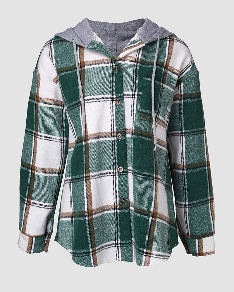 Hooded Plaid Shacket with Long Sleeves and Fleece Lining
