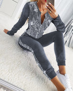 Sequin and Velvet Tracksuit with Ruched Zip-Up Coat and Pants