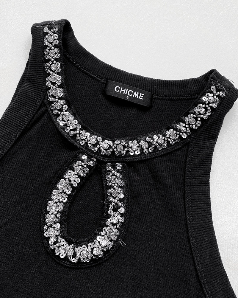 Sequin Keyhole Neck Sleeveless Rhinestone Ribbed Tank Top