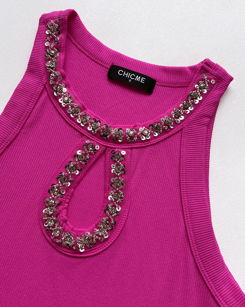 Sequin Keyhole Neck Sleeveless Rhinestone Ribbed Tank Top
