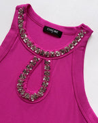 Rhinestone-Embellished Tank with Keyhole Neck and Sequin Details