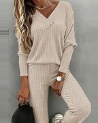 2-Piece V-Neck Button Top and Straight Leg Casual Pants Set