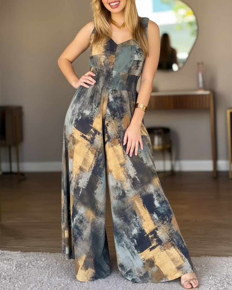 "Abstract Oil Print V-Neck Wide Leg High Waist Jumpsuit"