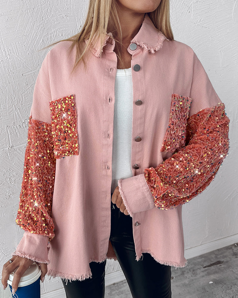 Raw Hem Sequin Patchwork Denim Shacket with Button Front