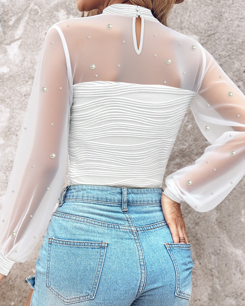 Pearl-Embellished Mesh-Inset Ruched Tee with Open-Back Detail