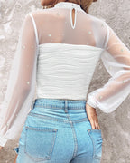 Pearl-Embellished Mesh-Inset Ruched Tee with Open-Back Detail