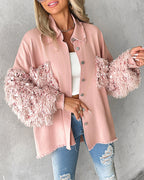 Collared Denim Coat with Sequins, Fuzzy Trim, and Pockets